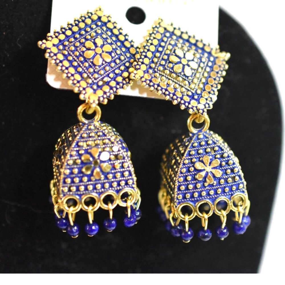 New Jhumki Stunning Square Blue Beaded Gold Tone Dangle Post Earrings